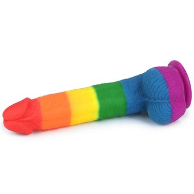 Płynny silikon 22,5 cm Rainbow Dildo Sex Toy Fałszywy penis z przyssawką